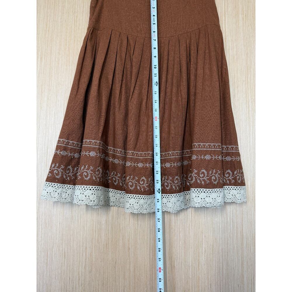 Ninety Linen Blend Pleated Lace Hem Skirt Womens Small Embroidered Bead Cottage - Picture 8 of 10